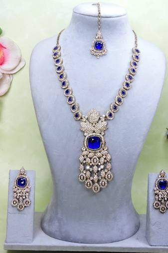 Blue yellow gold premium designer american diamond and stone work necklace set