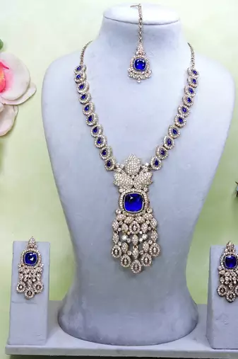 Blue yellow gold premium designer american diamond and stone work necklace set