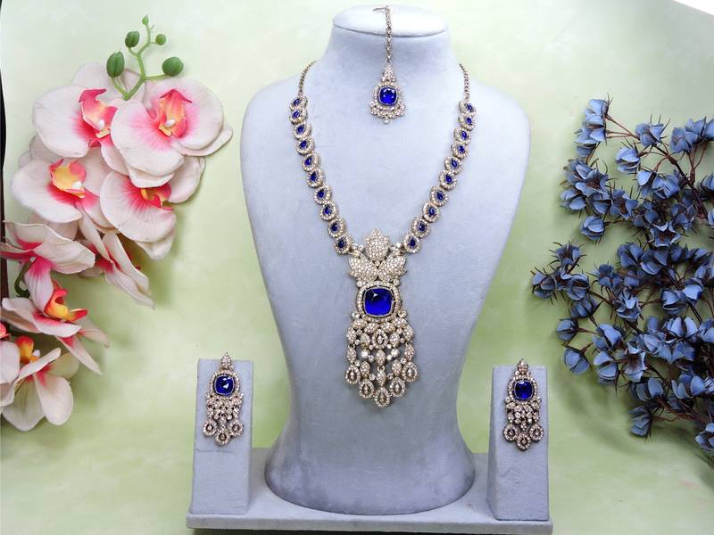 Blue yellow gold premium designer american diamond and stone work necklace set