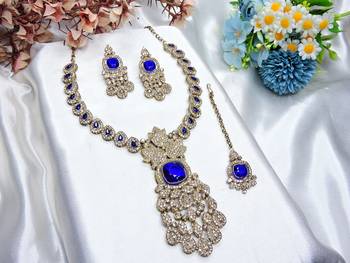 Blue yellow gold premium designer american diamond and stone work necklace set 2