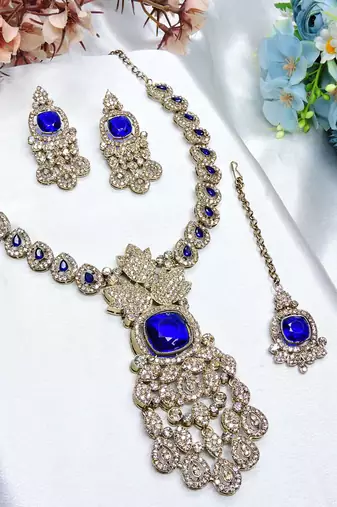 Blue yellow gold premium designer american diamond and stone work necklace set
