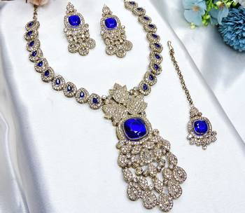 Blue yellow gold premium designer american diamond and stone work necklace set 3