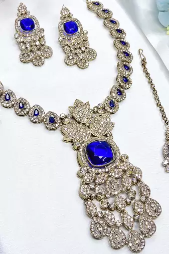 Blue yellow gold premium designer american diamond and stone work necklace set