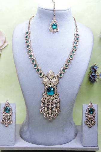 Green yellow gold premium designer american diamond and stone work necklace set
