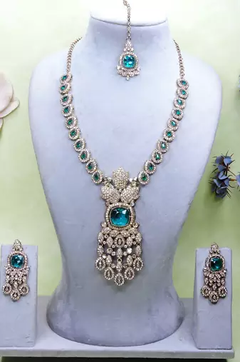 Green yellow gold premium designer american diamond and stone work necklace set
