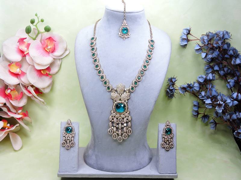 Green yellow gold premium designer american diamond and stone work necklace set