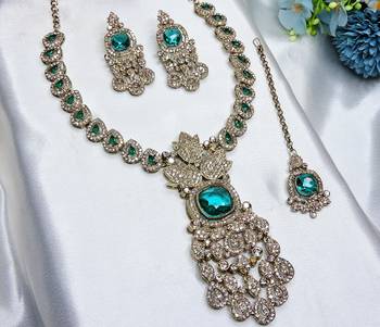 Green yellow gold premium designer american diamond and stone work necklace set 2