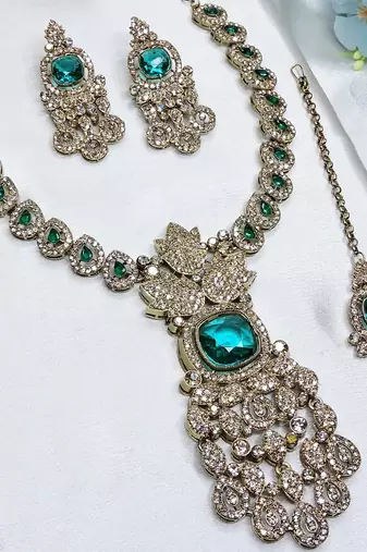 Green yellow gold premium designer american diamond and stone work necklace set