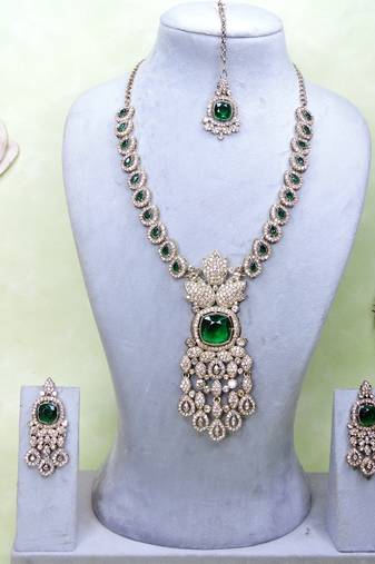 Green yellow gold premium designer american diamond and stone work necklace set