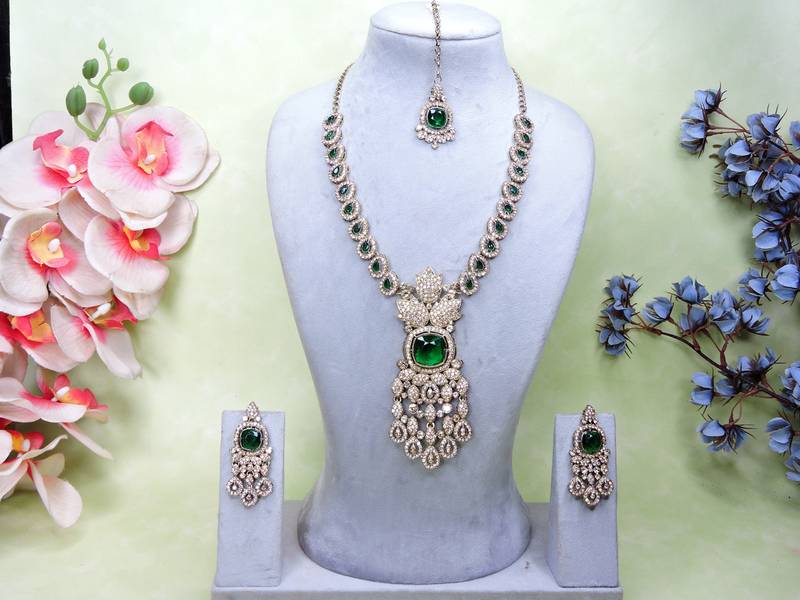 Green yellow gold premium designer american diamond and stone work necklace set