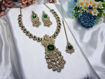 Green yellow gold premium designer american diamond and stone work necklace set 2