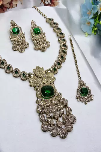 Green yellow gold premium designer american diamond and stone work necklace set