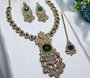 Green yellow gold premium designer american diamond and stone work necklace set 3