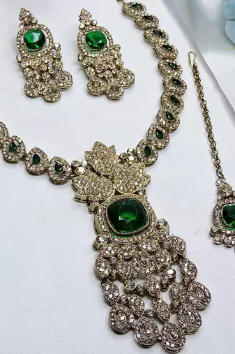 Green yellow gold premium designer american diamond and stone work necklace set
