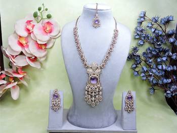 Purple yellow gold premium designer american diamond and stone work necklace set 1