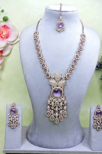 Purple yellow gold premium designer american diamond and stone work necklace set