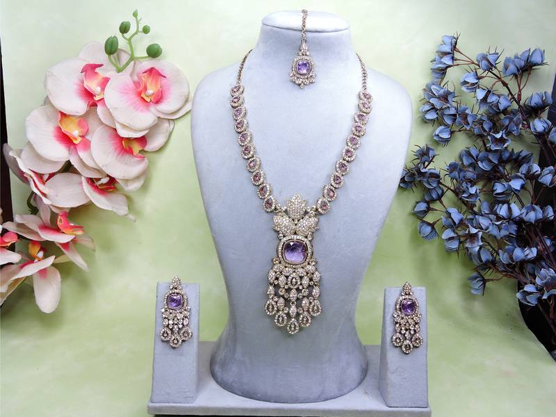 Purple yellow gold premium designer american diamond and stone work necklace set