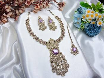 Purple yellow gold premium designer american diamond and stone work necklace set 2