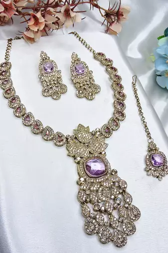 Purple yellow gold premium designer american diamond and stone work necklace set