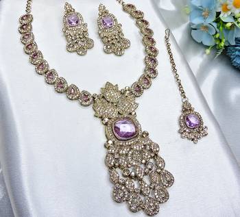 Purple yellow gold premium designer american diamond and stone work necklace set 3