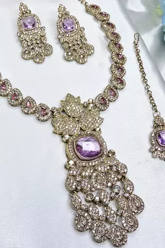 Purple yellow gold premium designer american diamond and stone work necklace set