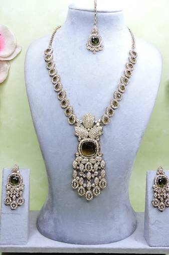 Green yellow gold premium designer american diamond and stone work necklace set
