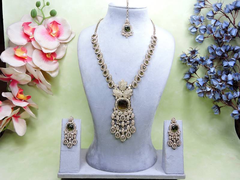 Green yellow gold premium designer american diamond and stone work necklace set