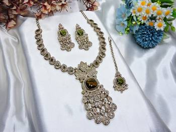 Green yellow gold premium designer american diamond and stone work necklace set 2