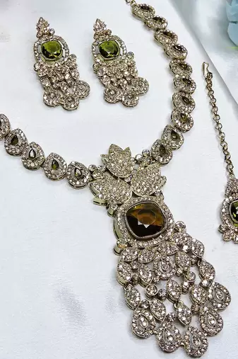 Green yellow gold premium designer american diamond and stone work necklace set