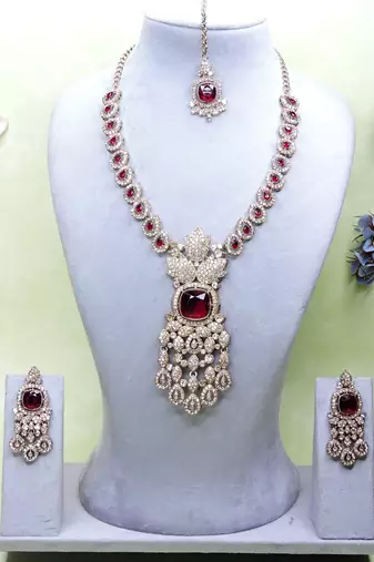 Maroon yellow gold premium designer american diamond and stone work necklace set