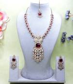 Maroon yellow gold premium designer american diamond and stone work necklace set
