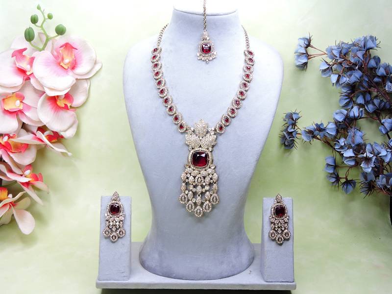 Maroon yellow gold premium designer american diamond and stone work necklace set