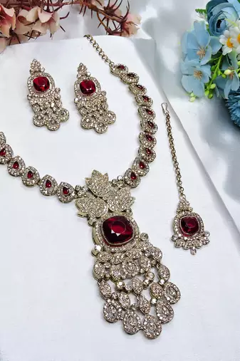 Maroon yellow gold premium designer american diamond and stone work necklace set