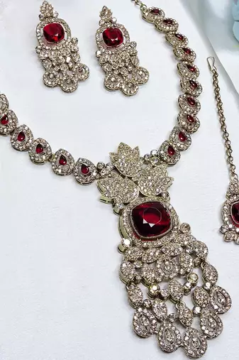 Maroon yellow gold premium designer american diamond and stone work necklace set