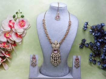 Pink yellow gold premium designer american diamond and stone work necklace set 1