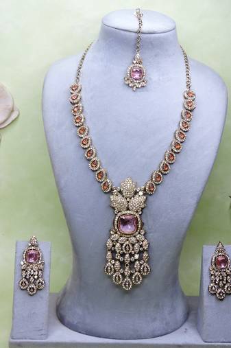 Pink yellow gold premium designer american diamond and stone work necklace set