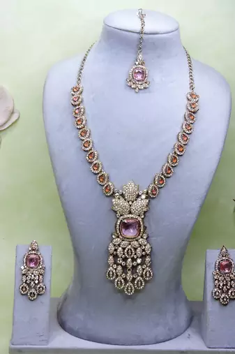 Pink yellow gold premium designer american diamond and stone work necklace set