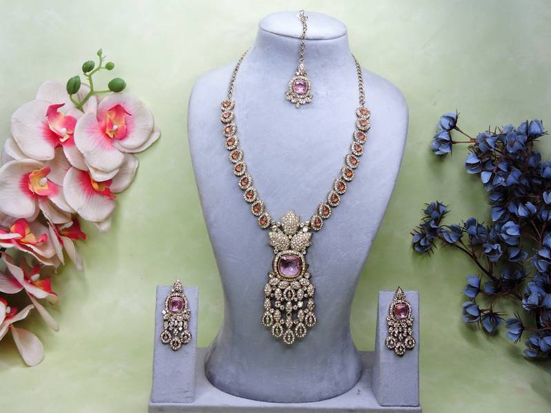 Pink yellow gold premium designer american diamond and stone work necklace set