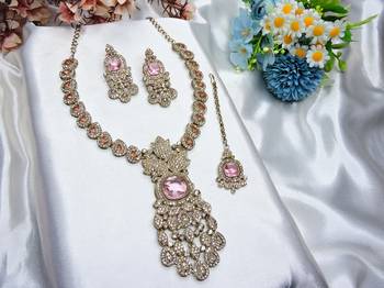 Pink yellow gold premium designer american diamond and stone work necklace set 2