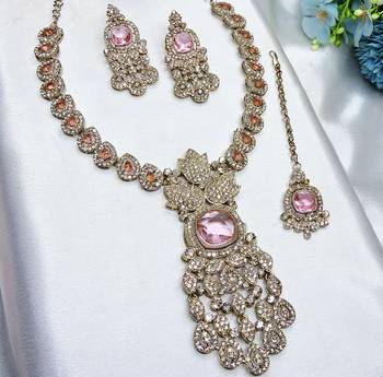 Pink yellow gold premium designer american diamond and stone work necklace set 3