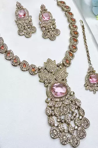 Pink yellow gold premium designer american diamond and stone work necklace set