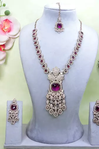 Purple yellow gold premium designer american diamond and stone work necklace set