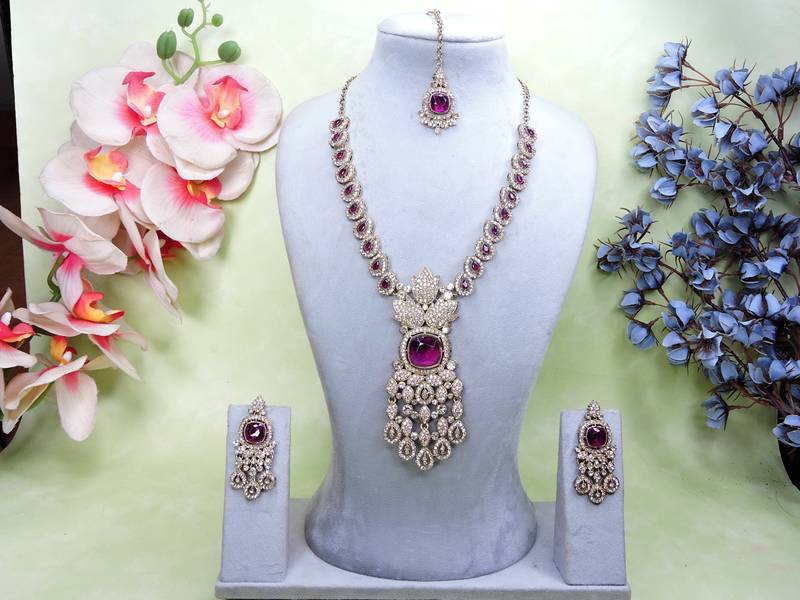 Purple yellow gold premium designer american diamond and stone work necklace set