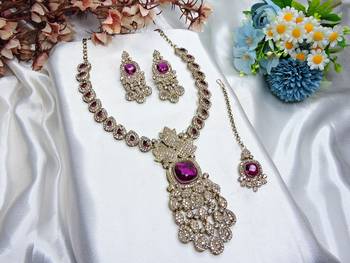Purple yellow gold premium designer american diamond and stone work necklace set 2