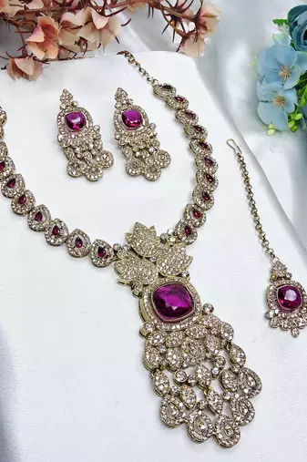 Purple yellow gold premium designer american diamond and stone work necklace set