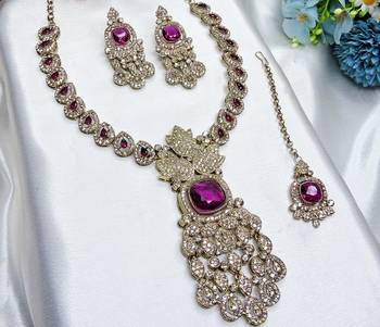 Purple yellow gold premium designer american diamond and stone work necklace set 3