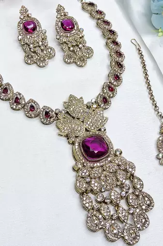 Purple yellow gold premium designer american diamond and stone work necklace set