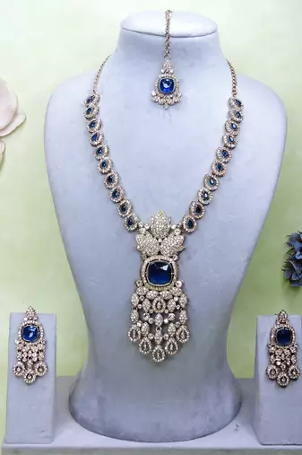 Blue yellow gold premium designer american diamond and stone work necklace set