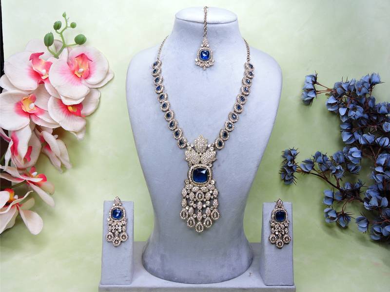 Blue yellow gold premium designer american diamond and stone work necklace set