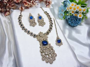 Blue yellow gold premium designer american diamond and stone work necklace set 2
